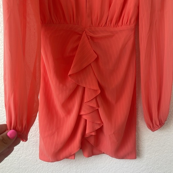 NBD Arijana Coral Orange Front Keyhole Long Sleeve Mini Dress - Picture 7 of 11